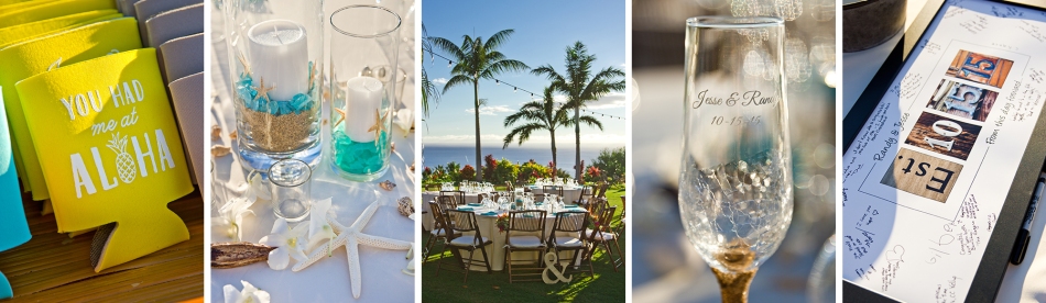 yellow; blue; wedding details; maui wedding details; reception decor; seaside themed wedding